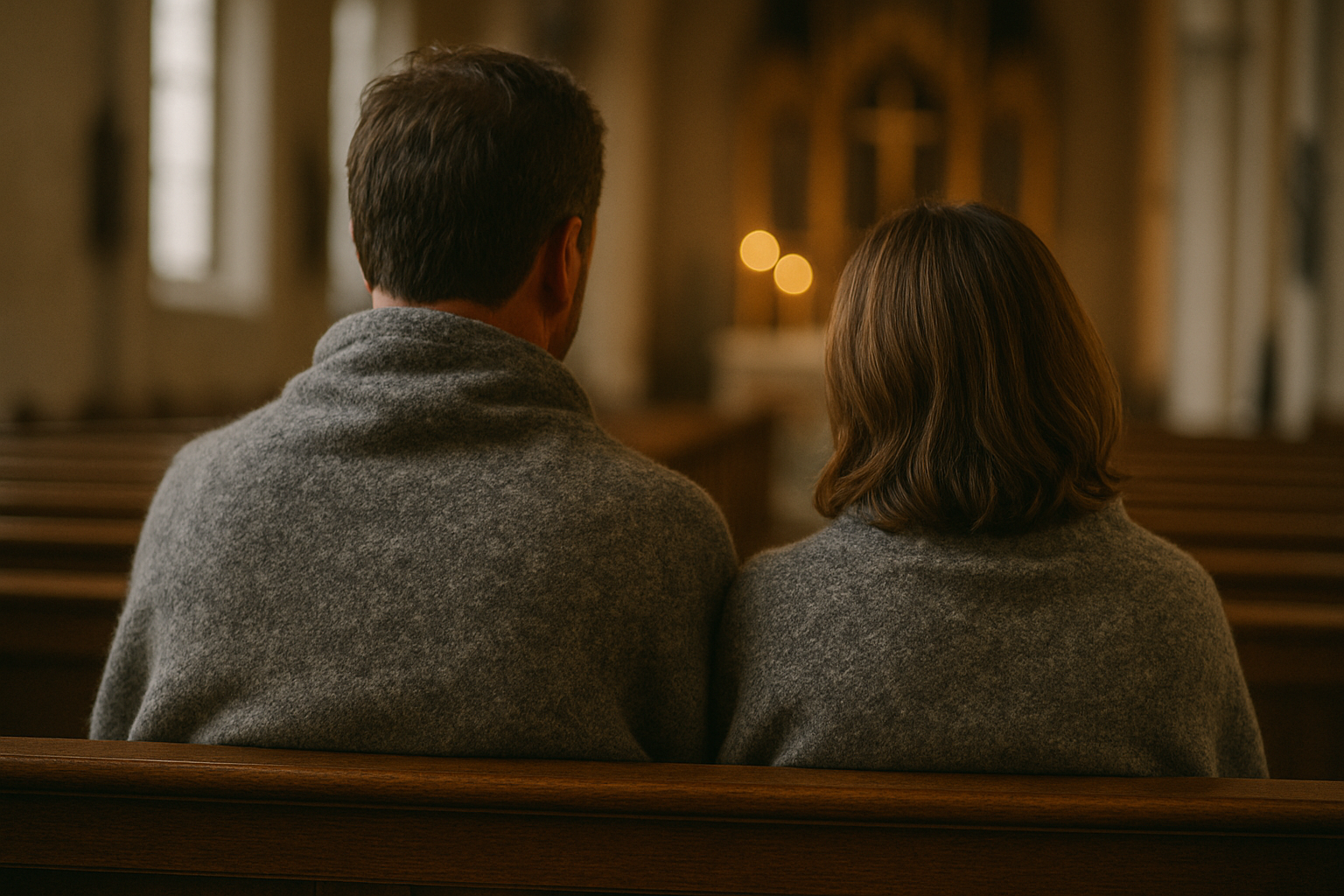 Paar sitzt in einer kalten Kirche